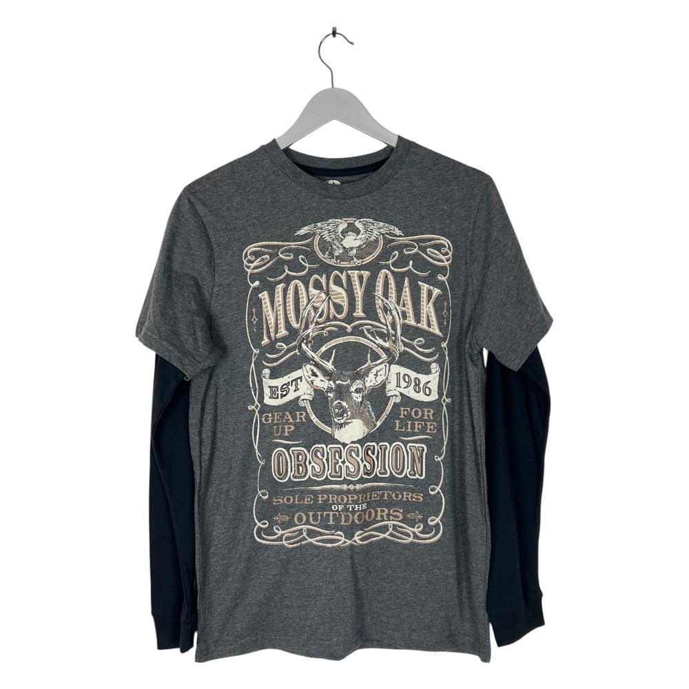 Mossy Oak Obsession Mens Graphic Layered Long Sleeve T-Shirt Gray Blacker twofer